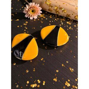 Vintage Yellow & Black Enamel Oval Earrings – Geometric Silver-Tone Statement De